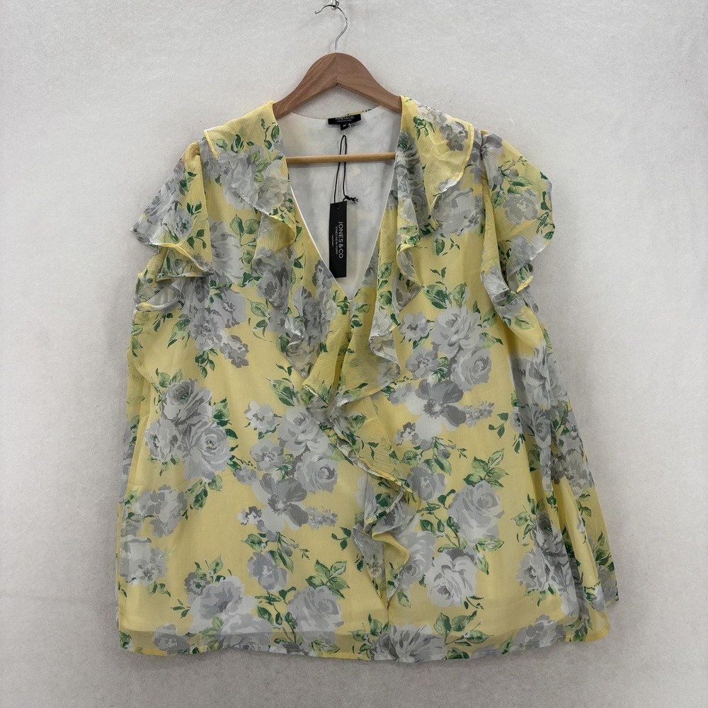 Jones New York Blouse Womens 1X Yellow Floral Ruffle V Neck Flutter Tunic NWT
